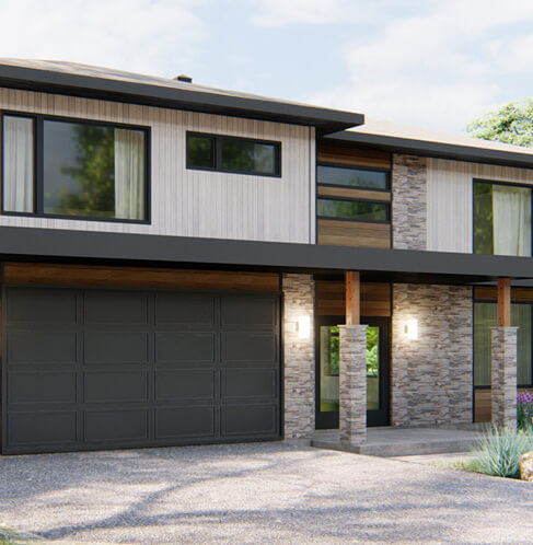 Maison contemporaine rénovée avec façade en pierre et garage intégré